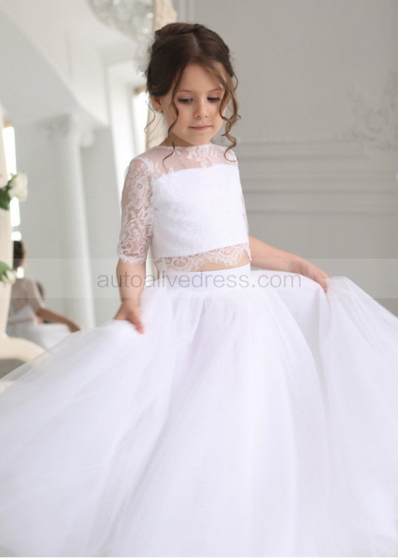 Two Piece White Lace Tulle Elbow Sleeve Flower Girl Dress